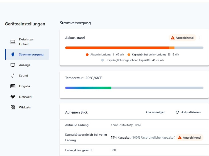 Anzeige der Lenovo Software Vantage, bei einem gebrauchten Akku mit ca.  79 % der ursprünglichen Kapazität.