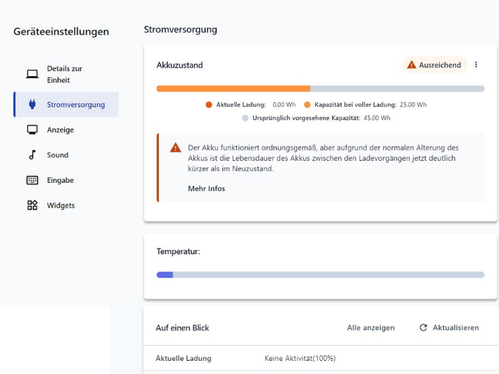 Anzeige der Lenovo Software Vantage, bei einem defekten Akku, mit nur noch 55 % der ursprünglichen Kapazität, zusätzlich ist auch kein Aufladen mehr möglich.