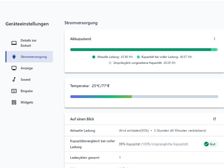 Anzeige der Lenovo Software Vantage, mit einem neuen Akku.